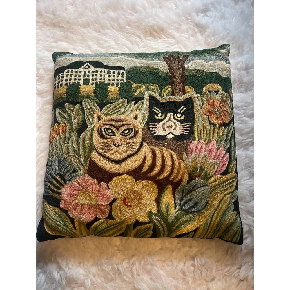 Vintage Chainstitch Embroidery Decorative Pillow with Cats 16 Inch Square - Picture 1 of 10